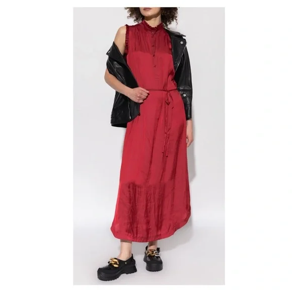 Zadig & Voltaire Feminine Lightweight Raos Satin Ruffle Midi Dress In Wine XS - Picture 5 of 16